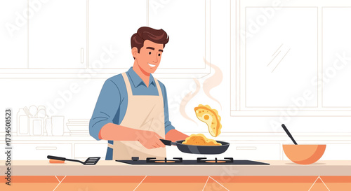 Man cooking pancakes at home in kitchen wearing apron and flipping pancake in the air