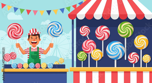 Lollipop vendor joyfully presenting colorful candies at a festive carnival with whimsical cartoon