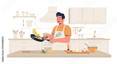 Man cooking pancakes with smile in a well-equipped kitchen with modern appliances and decor