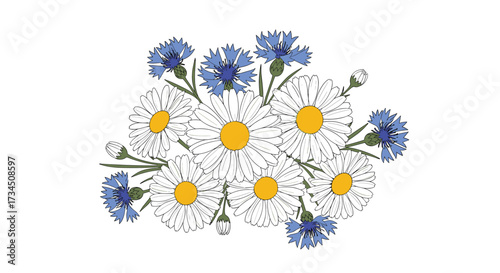 A charming bouquet of daisies and cornflowers in a simple arrangement.