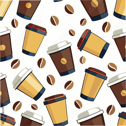Seamless pattern plastic coffee cups and coffee beans on a white background for packaging, wallpaper. Vector illustration