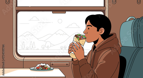 Man enjoying kebab and salad on train with mountain view illustration vector