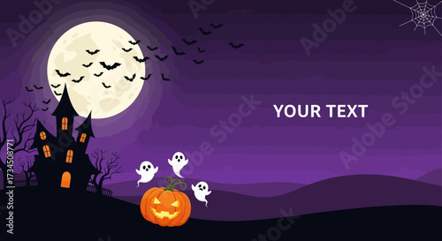 Eerie Halloween night background with haunted house, pumpkin and ghosts flying under a full moon with bats ready for your spooky messages