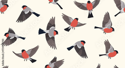 A collection of bullfinches in various flight poses against a light background.