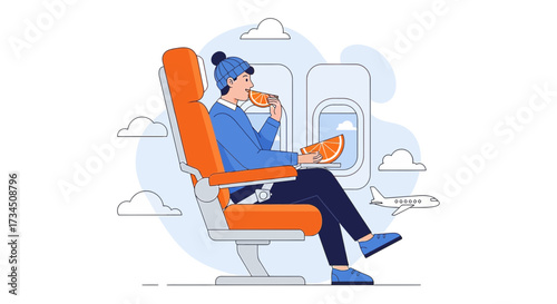 Man Enjoying Orange Slices on a Plane, Modern Lifestyle Travel Illustration in Minimal Style with