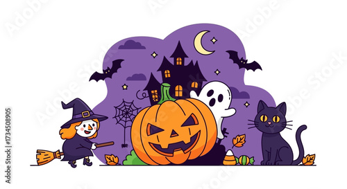 Spooky Halloween scene with friendly witch, grinning pumpkin, playful ghost, and cute black cat against haunted house backdrop under starry sky