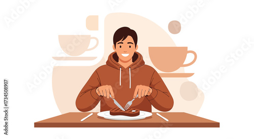 Man in hoodie enjoying a delicious steak dinner with coffee in a cozy restaurant atmosphere