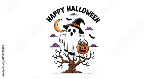 Whimsical Halloween ghost with candy bucket and witch hat standing on bare tree under crescent moon, ideal for spooky fall designs and seasonal promotions