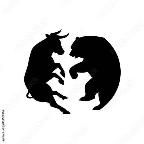 A black and white silhouette of a bull and bear engaged in a financial market battle