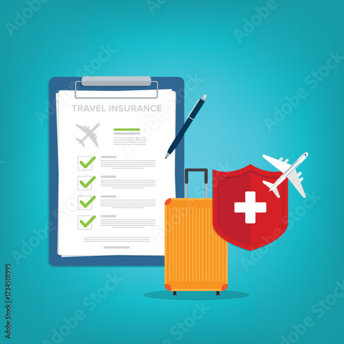 Travel insurance. Traveling luggage suitcase and airplane trip protect. Plane flight safety symbol. Aircraft journey risk protection.	