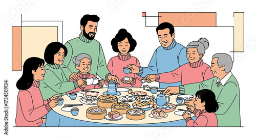 Multigenerational Family Enjoying a Traditional Dim Sum Meal Together Illustration