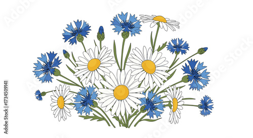 A delightful arrangement of wild daisies and blue cornflowers creates a charming natural bouquet.