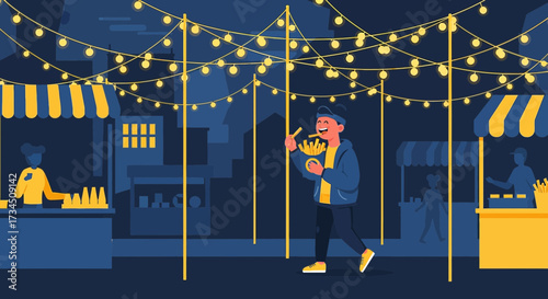 Night market scene with person enjoying fries under festive lighting creates a warm atmosphere