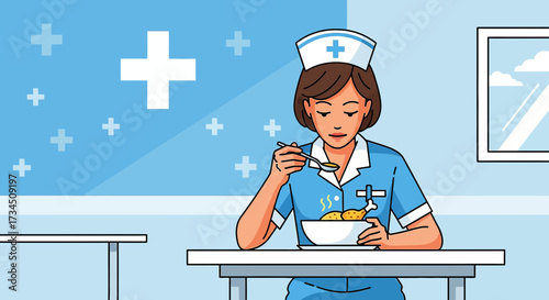 Nurse Enjoying a Meal Break in a Hospital Setting During Busy Shift Long Hours