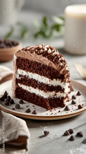 Wallpaper Mural Delicious slice of chocolate layer cake with cream filling and frosting, served on a plate with chocolate chips Torontodigital.ca