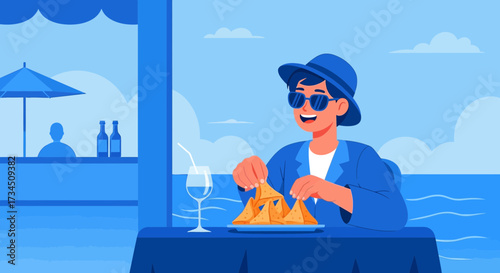 Person enjoying a beachside snack with drinks and a scenic ocean view illustration