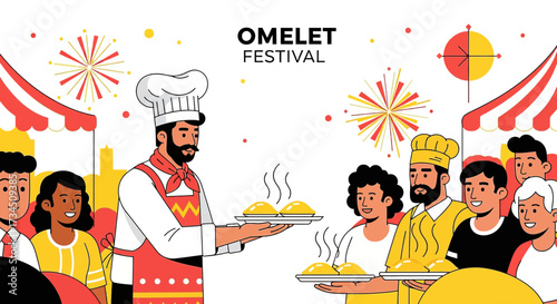 Omelet festival vector illustration featuring chefs serving delicious omelets to crowd