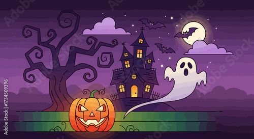 Spooky Halloween night featuring a haunted house, ghost, bats and pumpkin with a grinning face under the moonlight creating a fun cartoon vibe