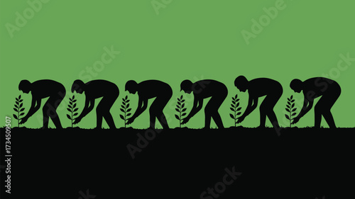Silhouetted volunteers planting trees together for a sustainable future and reforestation efforts on Earth Day for a greener tomorrow