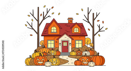 Charming Halloween house surrounded by spooky pumpkins, perfect for festive decorations and autumn celebrations, ready to bring a creative touch