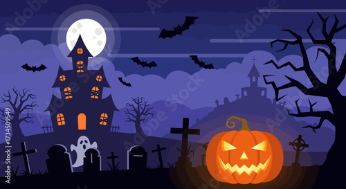 Spooky Halloween night with haunted house, glowing pumpkin, and bats flying under a full moon for a fun, eerie, and festive celebration