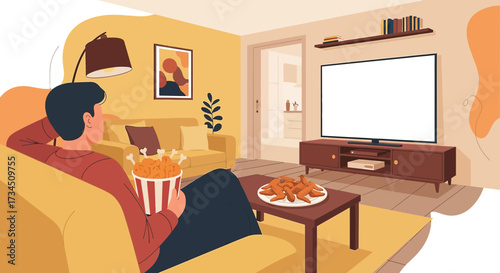 Relaxing evening at home with fried chicken and a movie on the television  couch setting