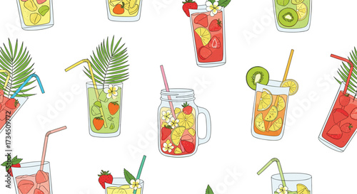 A vibrant collection of refreshing fruity summer drinks served in various glasses perfect for a hot day.