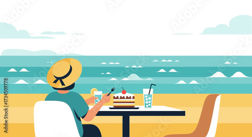 Relaxing seaside indulgence vector illustration depicting a woman with cake