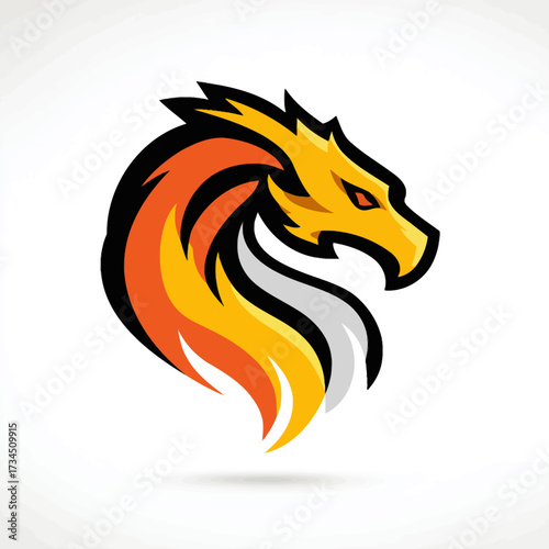 A fierce fire lion head, with orange, yellow, and black colors, set against a white backdrop