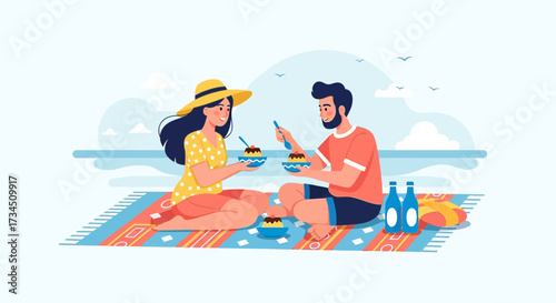 Romantic beach picnic scene featuring a couple enjoying dessert with seaside bliss