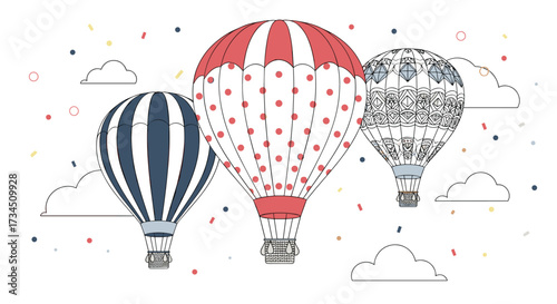 Three colorful hot air balloons ascend into the sky amidst falling confetti and fluffy clouds.