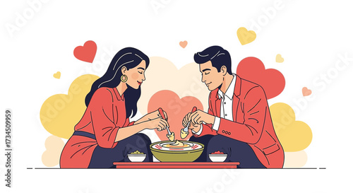 Romantic couple enjoying a shared meal surrounded by hearts creating a lovely ambiance