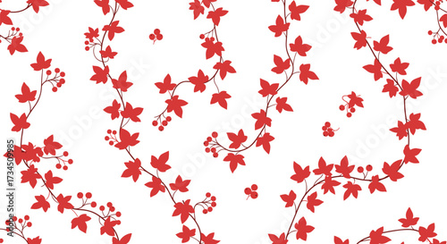A seamless pattern featuring delicate red ivy vines with small berries on a white background.