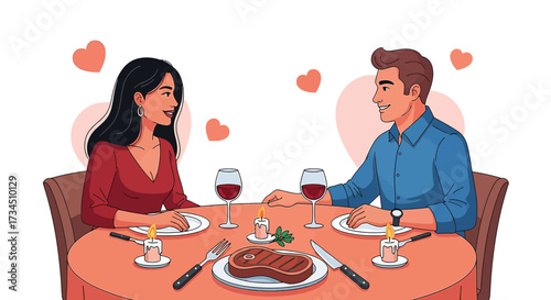 Romantic dinner for two at restaurant, vector illustration of couple enjoying love and celebrating