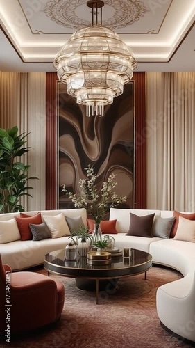 Elegant interior design living room with decorative chandelier