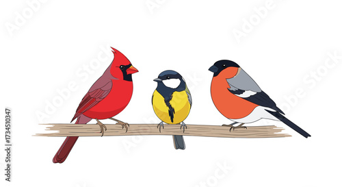 Three colorful birds perched on a wooden branch enjoying a peaceful moment together.