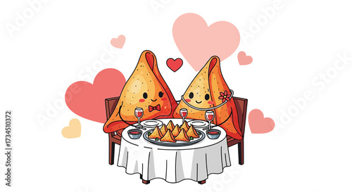 Romantic Samosa Couple Dining at a Table with Hearts Illustration in Valentine's Day celebration