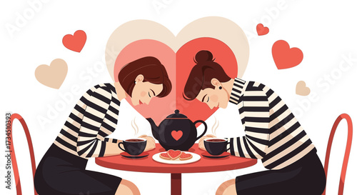 Romantic Tea Time Illustration with Hearts and Striped-Shirt Women Enjoying a Special Occasion