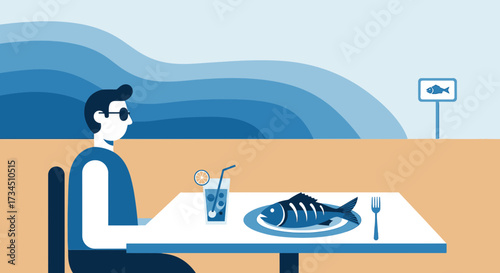 Seaside dining experience with fish dish and ocean view in serene illustration style