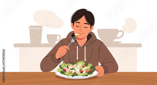 Smiling Young Man Enjoys a Fresh and Healthy Salad Meal with Coffee in the Background