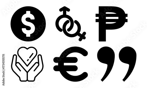 Diverse black and white currency symbols and conceptual icons for universal use