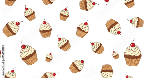 A delightful pattern of delicious frosted cupcakes topped with cherries perfect for celebrations.
