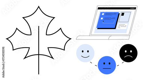 Leaf outline, computer with webpage open, smiling to neutral to sad face progression. Ideal for feedback evaluation, emotional growth, online learning, environment, user interface, mood monitoring