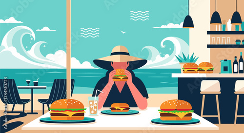 Stylish seaside dining scene featuring a woman enjoying a burger with ocean views offering a