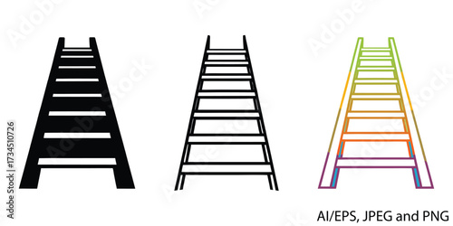 Three different styles of ladders including silhouette outline and color options vector