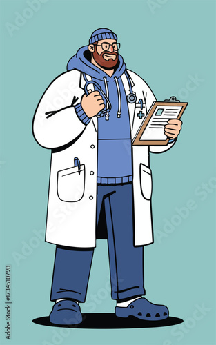 Cartoon doctor in a white lab coat blue hoodie beanie  Crocs holds a clipboard sporting glasses  a stethoscope