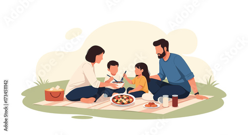 Vector illustration depicting a joyful family picnic scene in a serene outdoor setting evoking