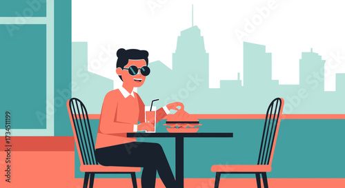 Vector illustration of a stylish man enjoying a burger and drink with a city view