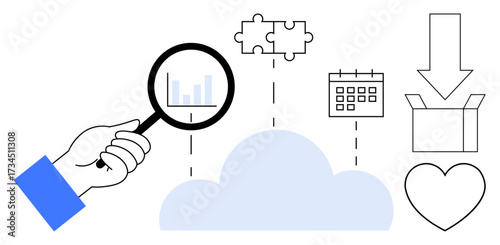 Hand with magnifying glass examines cloud with bar chart, puzzle pieces, calendar, download box, and heart. Ideal for analysis, connectivity, planning, technology organization data teamwork