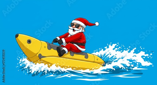 Santa claus riding banana boat on water illustration